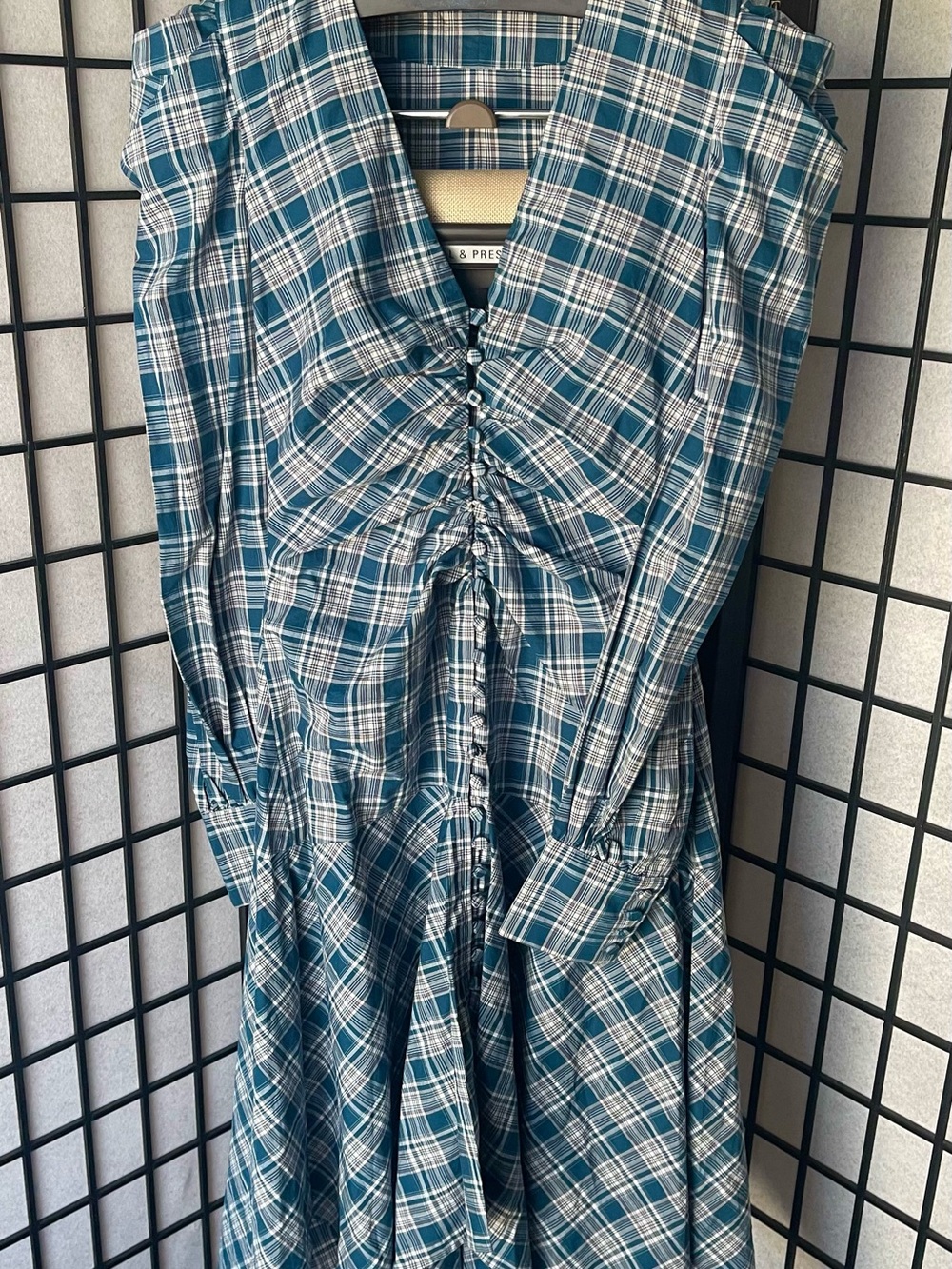 Jonathan Simkhai Teal Plaid Long-Sleeve Button Dress